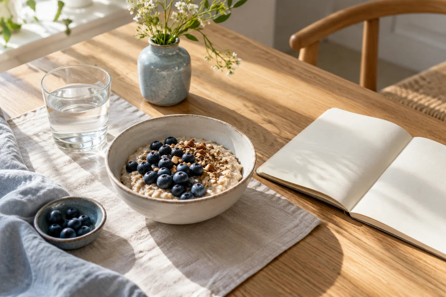 A glass of water beside breakfast and an open notebook