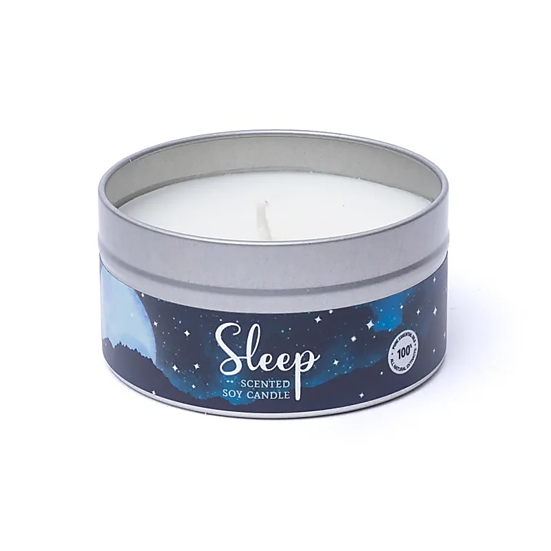 Sleep soy candle tin open