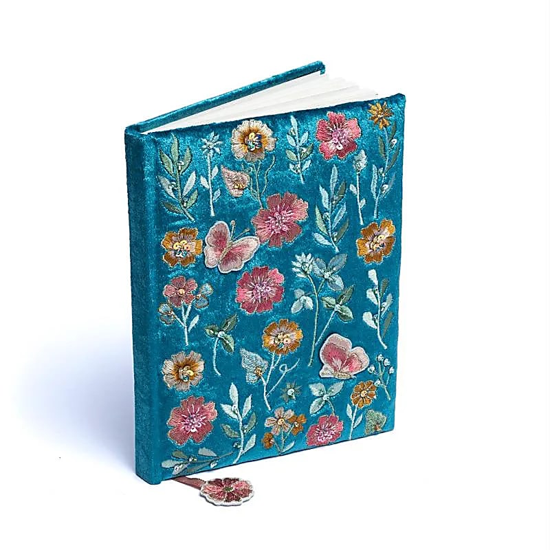 Velvet Notebook, Blue with Embroidered Flowers (A5)