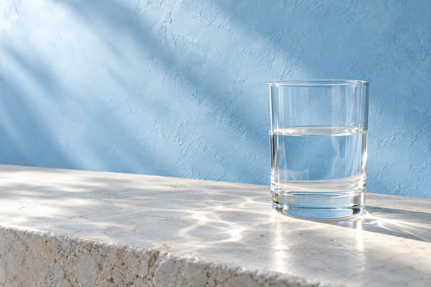 A clear glass of water in soft blue light